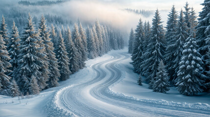 Winter Landscape of a Snowy Road and Car Tracks 
 Through a Pine Forest.