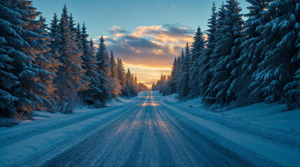 Obraz premium Winter Road in the Evening. Winter Landscape of a Snowy Road and Car Tracks Through a Pine Forest.