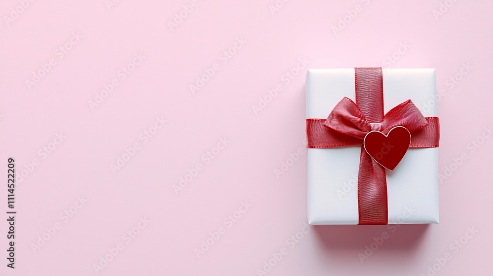 Aufkleber minimalist and elegant pastel pink gift box tied with a simple red ribbon bow and adorned with a tin