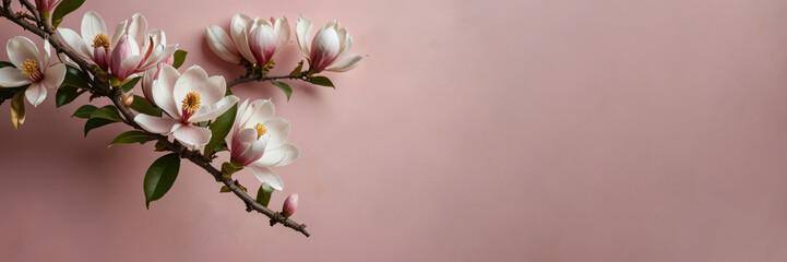 Obraz premium Magnolia flower on a branch with soft pink background for nature concept.