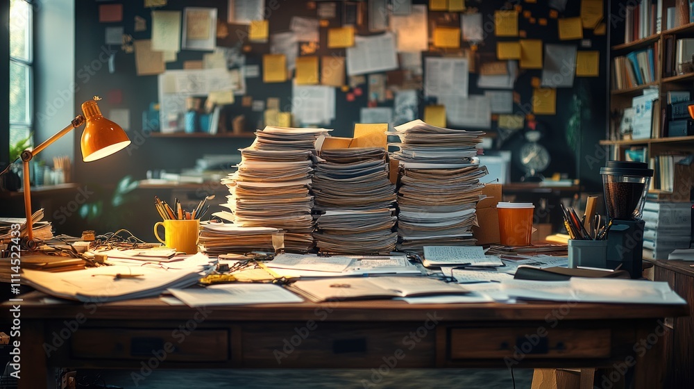 Poster cluttered workspace with stacks of papers.