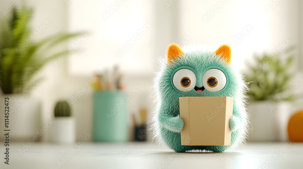 Poster a 3d rendered image of a playful anthropomorphic character holding a simple cardboard container with