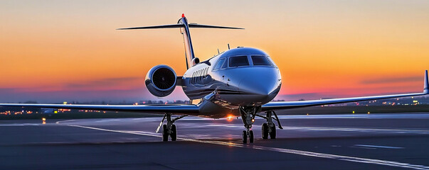 Private jet preparing for takeoff at sunset