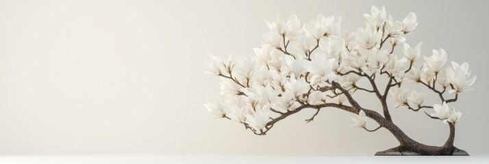 Pink magnolia flowers on branch with white textured background.