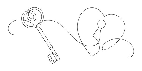 Key opens locked heart. Love concept. Continuous line drawing. Valentine's day. Frame boarder.