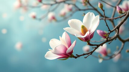 Close-up of blooming magnolia flowers on a branch against a soft blue background.