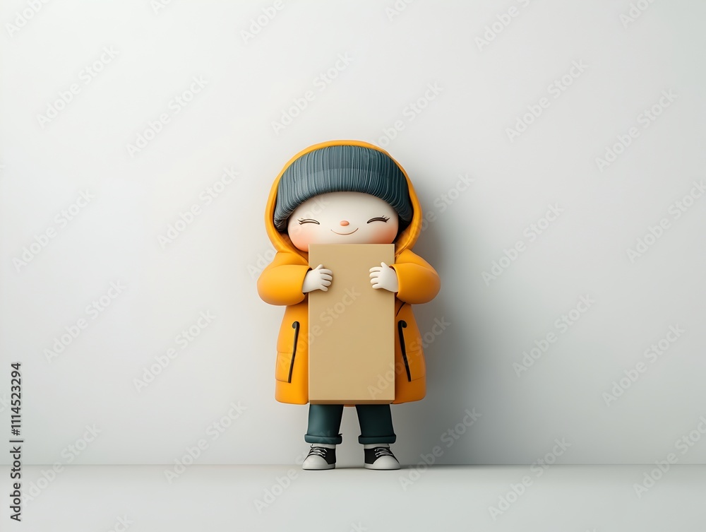 Poster charming 3d animated character with endearing personality embracing a simple cardboard box set again