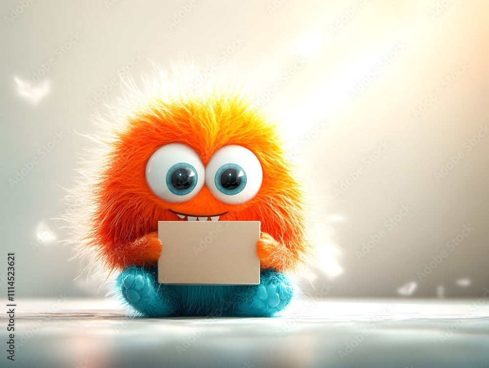 Poster delightful 3d rendered animated character joyfully grasping a simple square cardboard container with