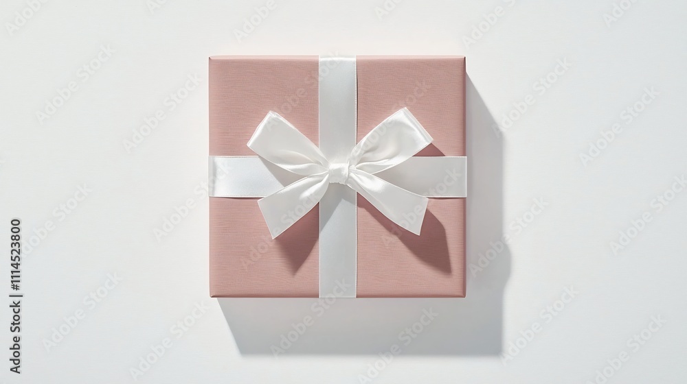 Poster elegant blush pink square gift box with a white satin ribbon centered on a clean and minimalist whit