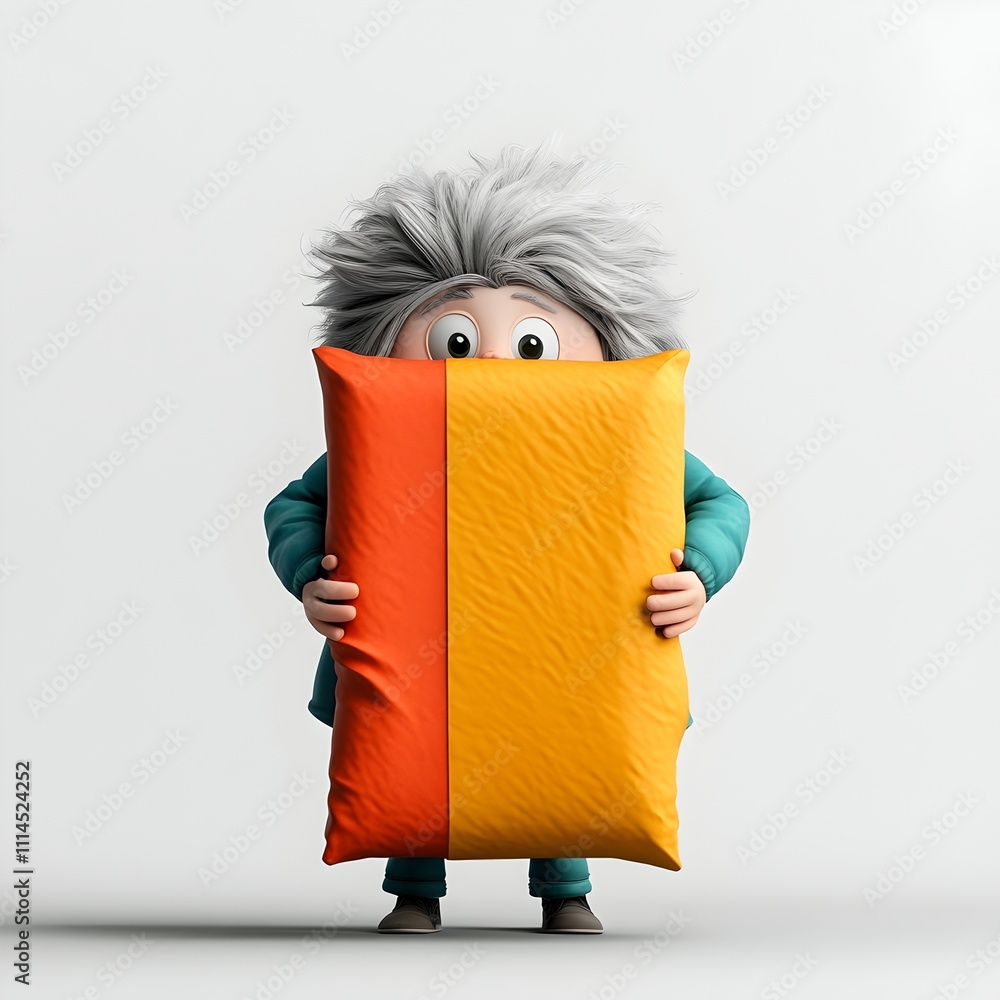 Poster delightful 3d rendered lovable animated character firmly grasping a generic rectangular vibrant colo