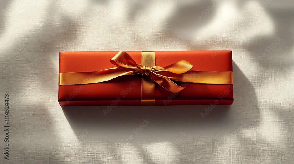Poster minimalistic photograph of a slim rectangular gift box in a matte red color tied with a golden ribbo
