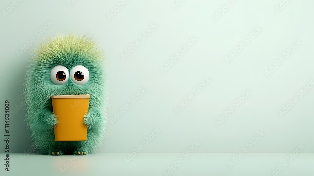 Poster whimsical 3d rendered animated character tightly clutching a basic cardboard container positioned on