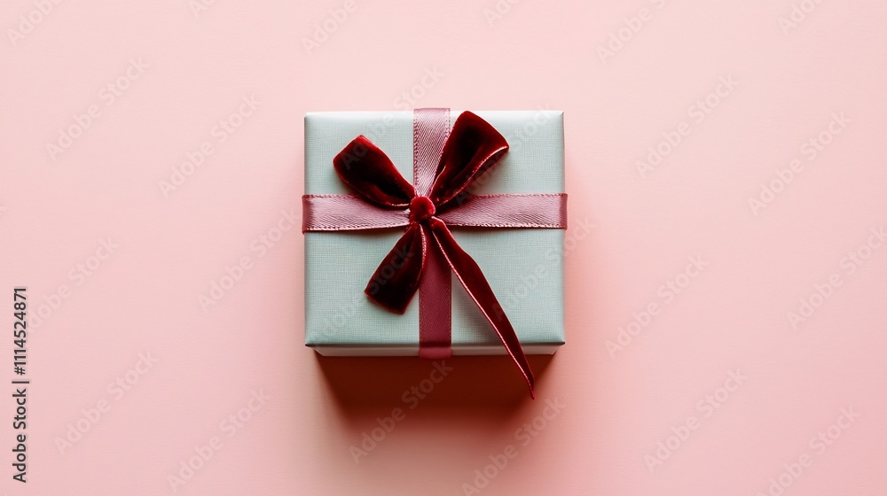 Aufkleber minimalist photograph of a small light gray gift box tied with a thin red velvet ribbon positioned a