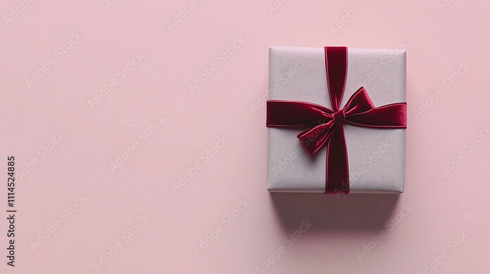 Poster a minimalistic photograph showcasing a small gift box in a light gray hue tied with a thin red velve