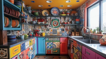 Colorful kitchen with tile backsplash, shelves, and cabinets.