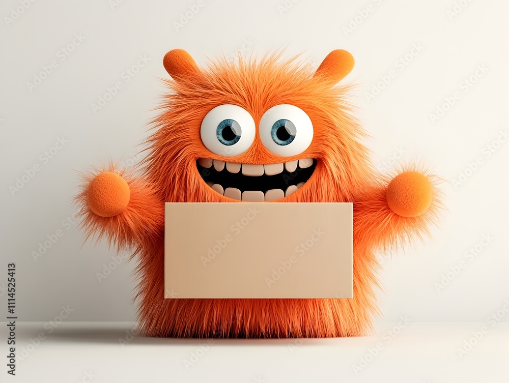 Poster a 3d rendered playful anthropomorphic character enthusiastically presenting an unbranded rectangular