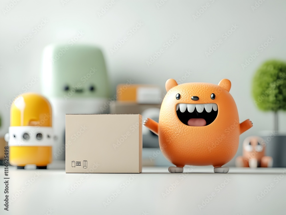 Poster cheerful 3d rendered anthropomorphic character enthusiastically presenting an unbranded rectangular 