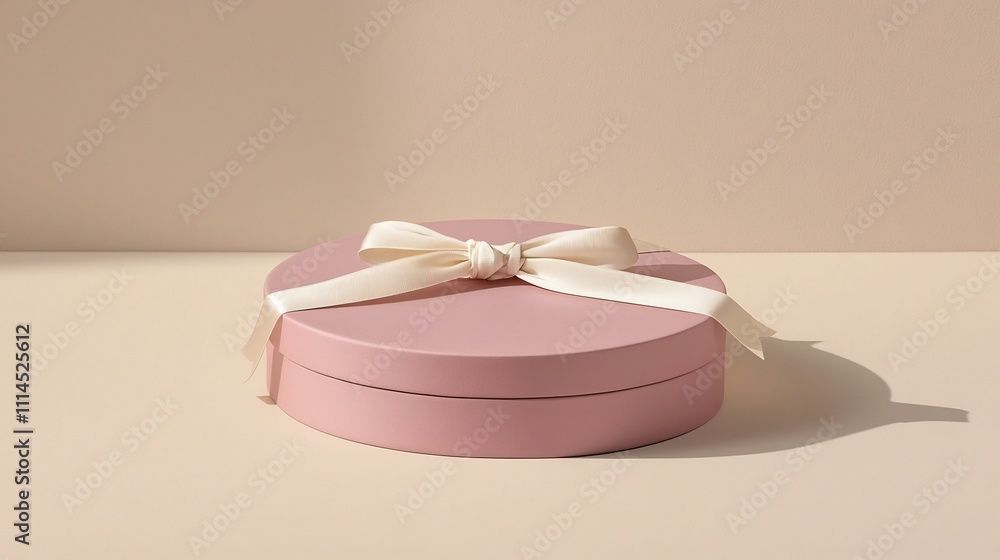Poster minimalistic and elegant photograph of a round gift box in a soft pastel pink color tied with a crea