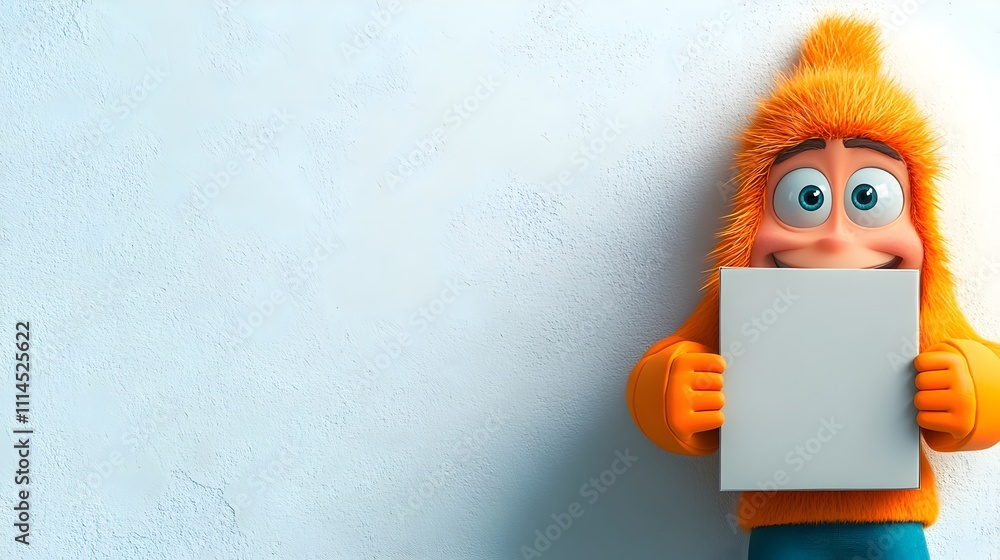 Poster charming 3d animated character with playful expressions clutching a plain four sided cardboard box m