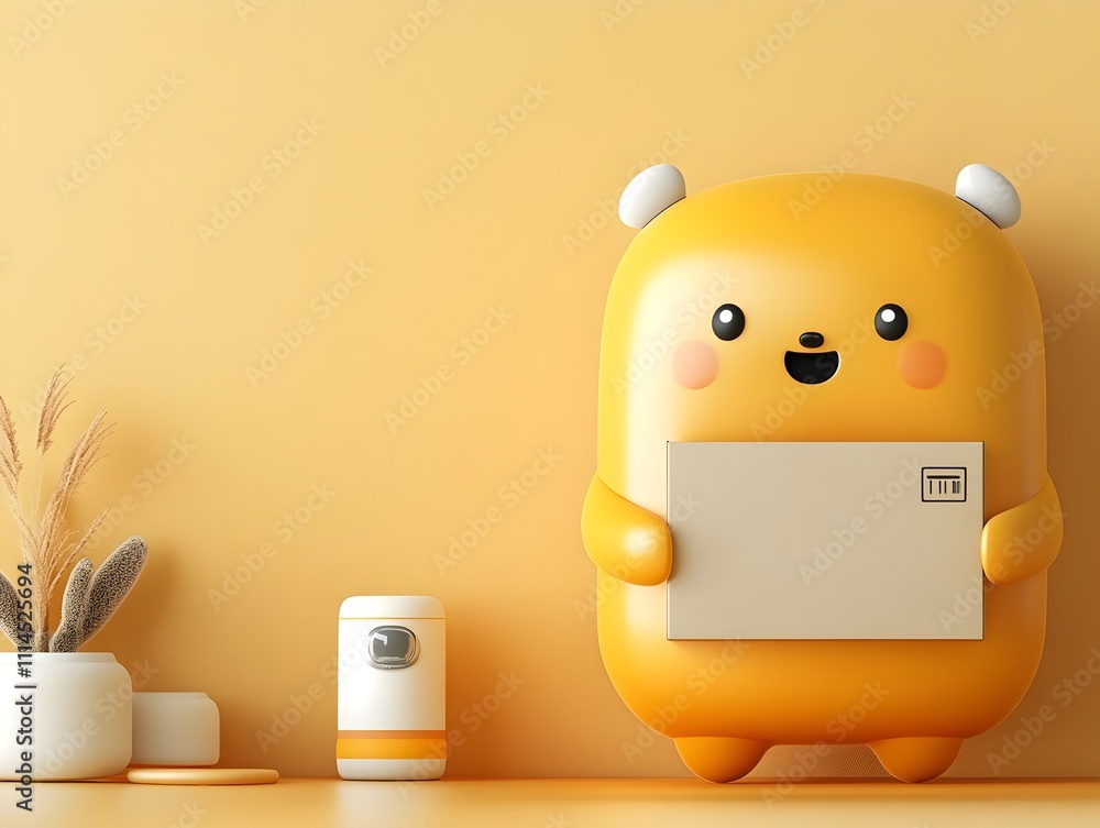 Poster delightful 3d rendered of cheerful anthropomorphized character holding a simple cardboard box with e