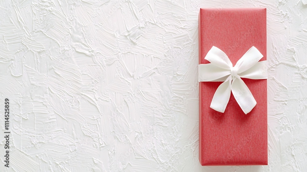 Poster minimalistic photograph of a rectangular gift box in a soft red color tied with a simple white bow p
