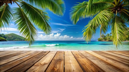 Fototapeta premium Tropical Beach Paradise Wooden Deck, Palm Trees, Turquoise Ocean