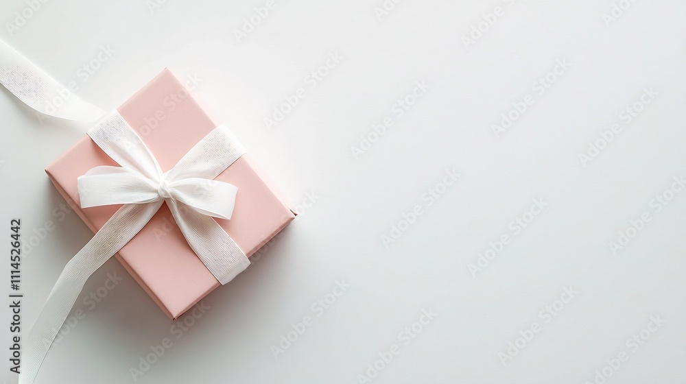 Poster a minimalistic photograph showcasing a single blush colored gift box tied with a thin white ribbon p