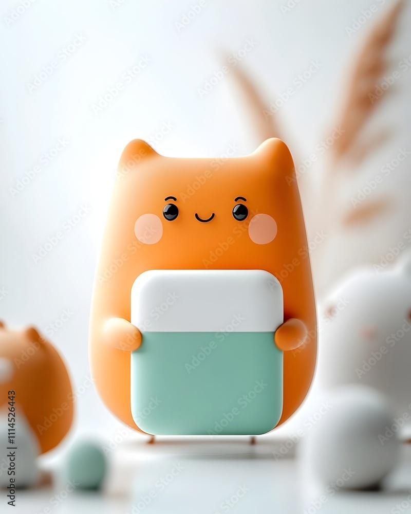 Poster cheerful and friendly 3d cartoon character firmly grasping a simple square shaped container designed