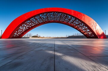 Obraz premium Modern red artistic architecture with a spacious ground, serving as a sleek background for car advertisements, parking areas, and creative commercial designs.