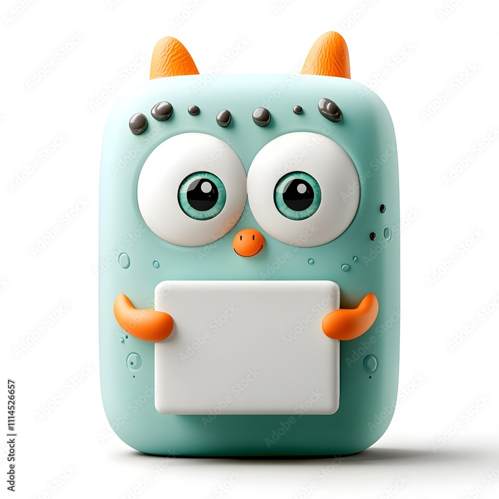 Poster whimsical 3d rendered cartoon character securely grasping a generic square paper container with vibr