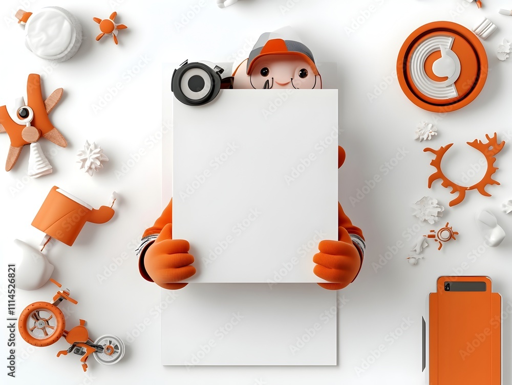 Poster whimsical and playful cartoon character gripping a simple rectangular paper package placed on a pris
