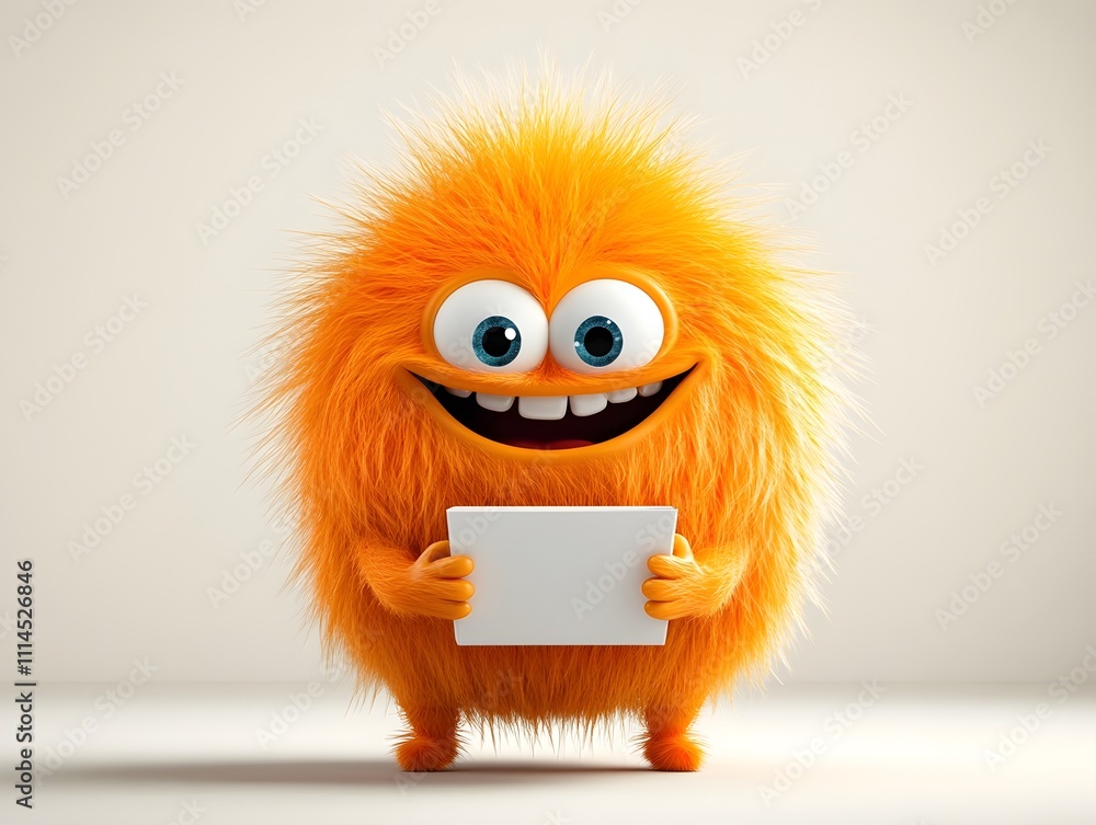 Poster vibrant 3d render of whimsical cartoon character joyfully holding a minimalist square paper containe