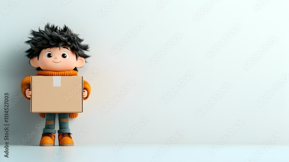 Aufkleber lovable animated character design clutching a plain four sided cardboard box whimsical and expressiv