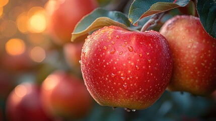 Obraz premium Fresh apples glistening with dew on a branch.
