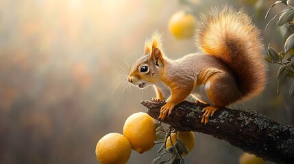 Obraz premium Energetic squirrel scurrying along a tree limb its alert eyes and twitching nose brimming with curiosity framed by a luminous lemon hued environment rendered in a loose
