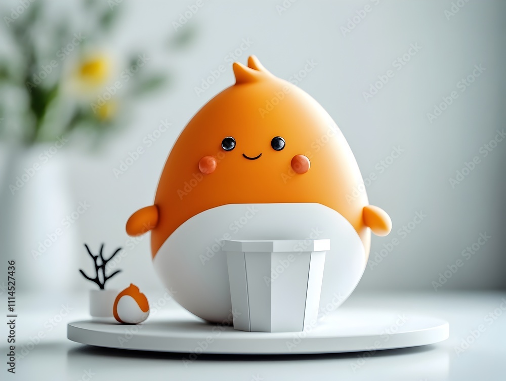 Poster animated 3d rendered mascot character in upbeat pose presenting a simple paper container on a minima