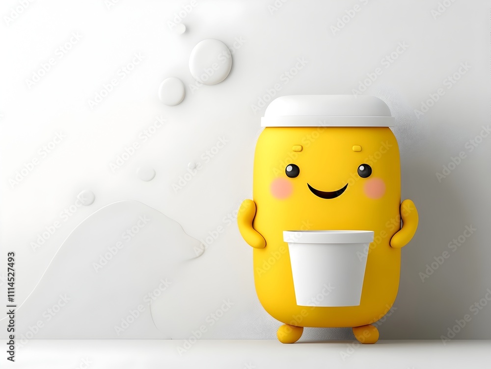 Aufkleber animated 3d rendered mascot character in upbeat pose presenting a simple paper container on a minima