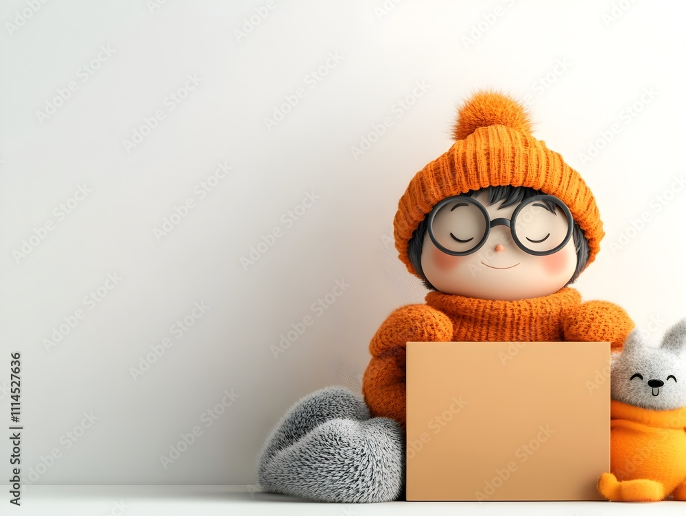 Poster charming 3d animated character with playful endearing personality embracing a simple cardboard box s