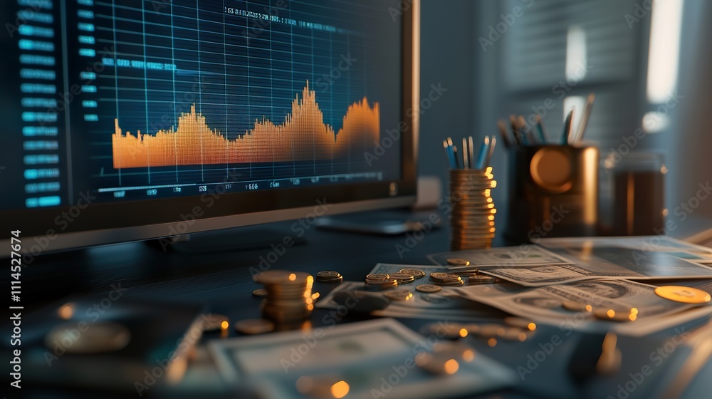 Poster a graph showing a steep rise in inflation on a sleek monitor, with currency notes and coins scattere