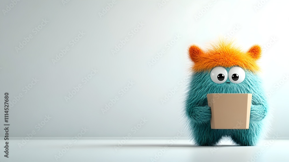 Aufkleber a 3d rendered image of a playful anthropomorphic character holding a simple cardboard container desi