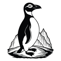 Obraz premium a black and white illustration of a penguin standing on a rock