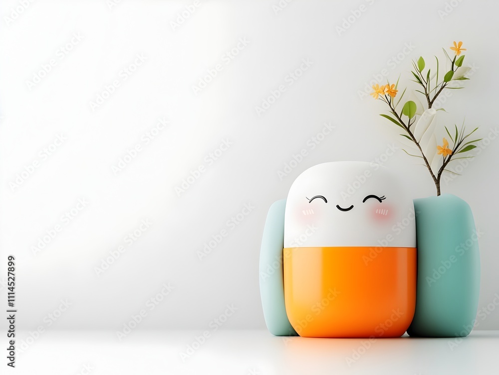 Poster cheerful animated figure tightly embracing a simple geometric shape container in a vivid palette sho