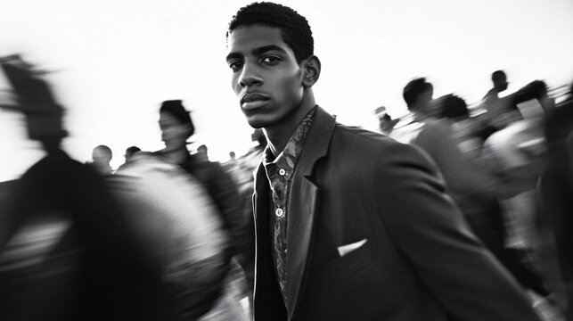 A black and white photograph of an wealthy man walking through crowd, blurred motion,