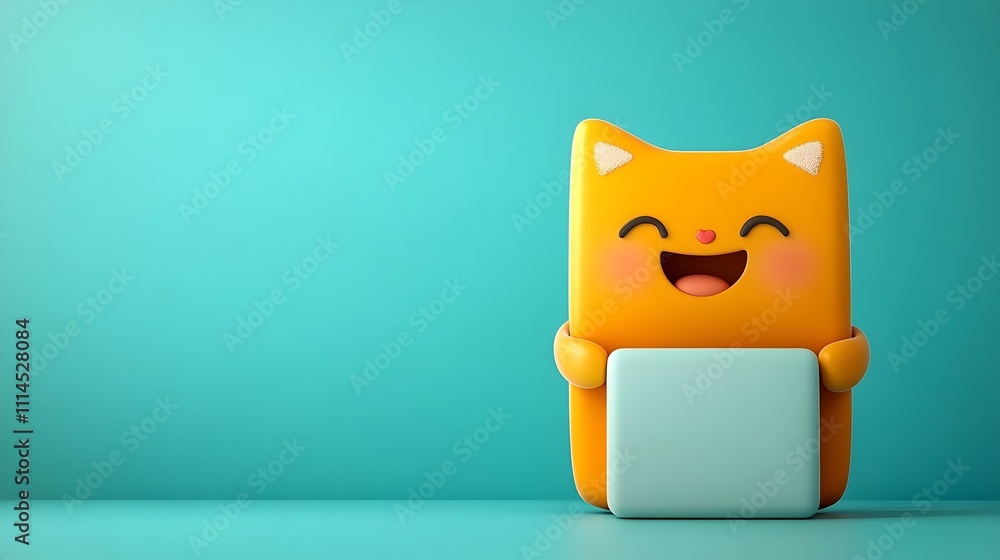 Poster cheerful and expressive cartoon character enthusiastically embracing a plain cubical box in a minima