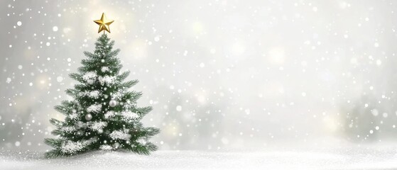 Fototapeta premium Christmas Theme, A Christmas tree with a star on top is surrounded by snow