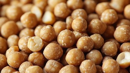 Fototapeta premium Fresh natural macadamia nuts with textured surface create delightful visual. Their round shape and golden hue evoke sense of warmth and richness