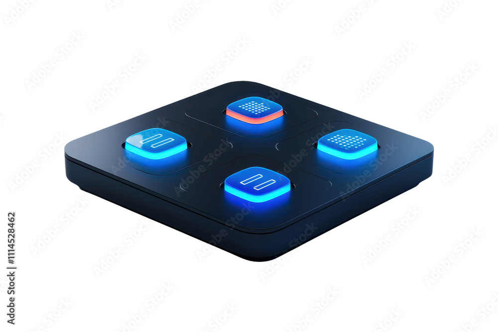 Aufkleber a sleek, illuminated control panel featuring four glowing buttons with distinct symbols, designed fo