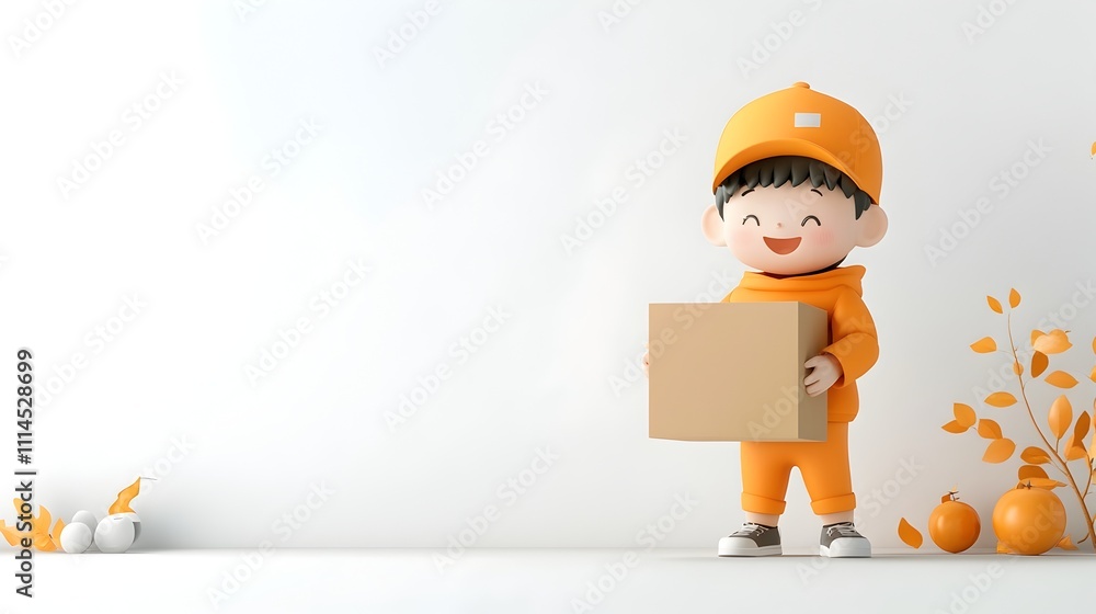Aufkleber cheerful expressive cartoon figure holding a simple cardboard box with a playful imaginative style i