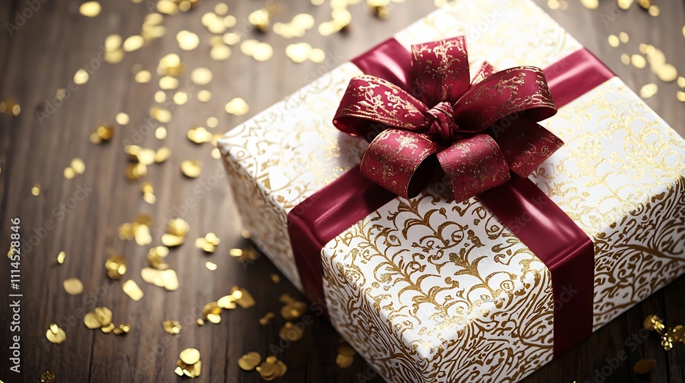 Poster luxurious white and gold gift box with intricate patterns tied with a ruby red ribbon bow placed on 