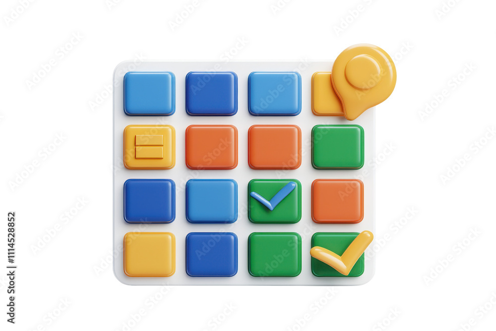 Poster a colorful grid of buttons featuring various shapes and symbols, designed for interactive play or ed